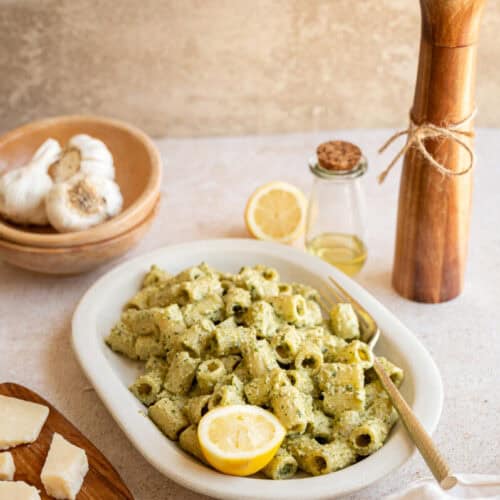 walnut pesto pasta on a plate.