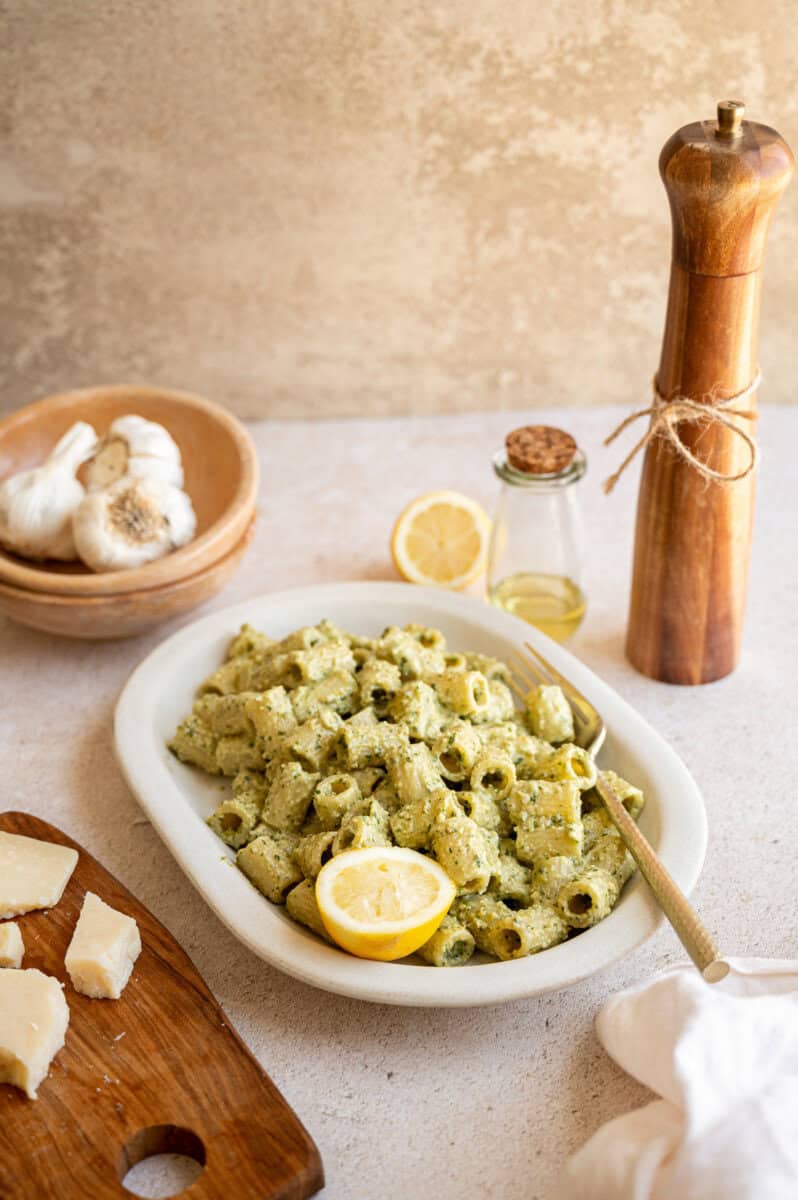 walnut pesto pasta on a plate.