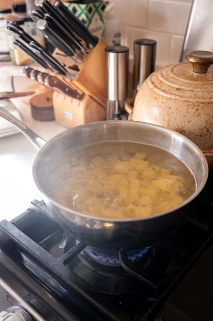 pasta cooking in a pot.