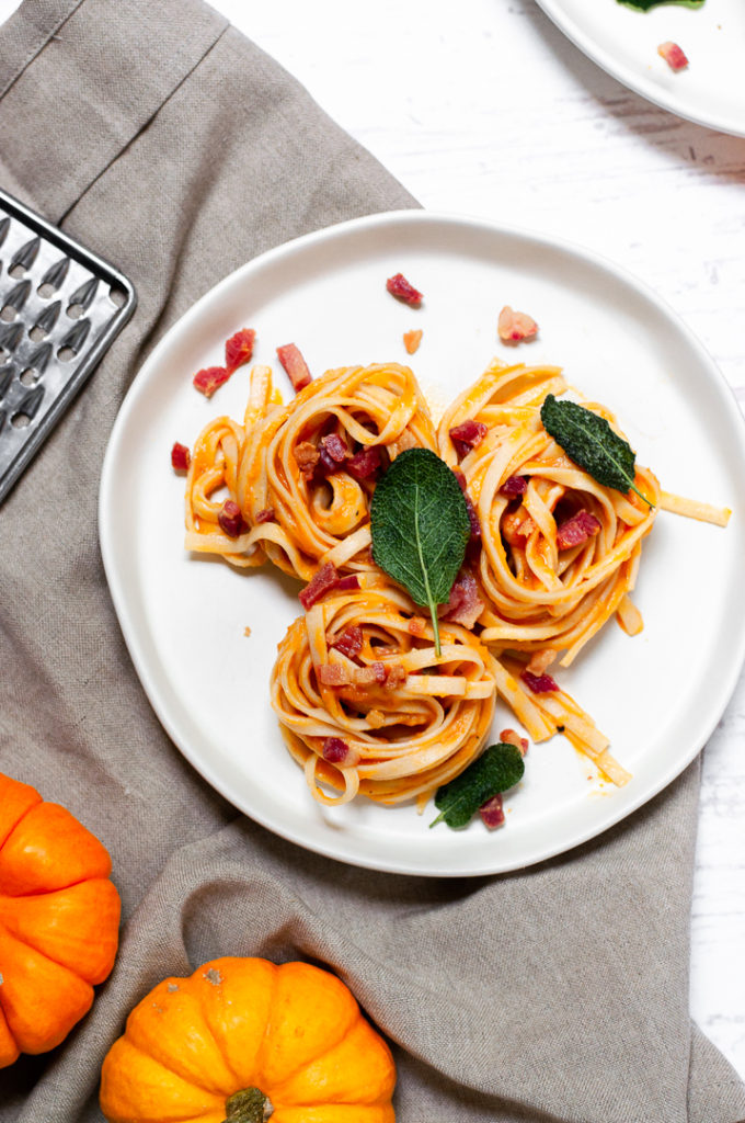Pumpkin carbonara pasta with sage 