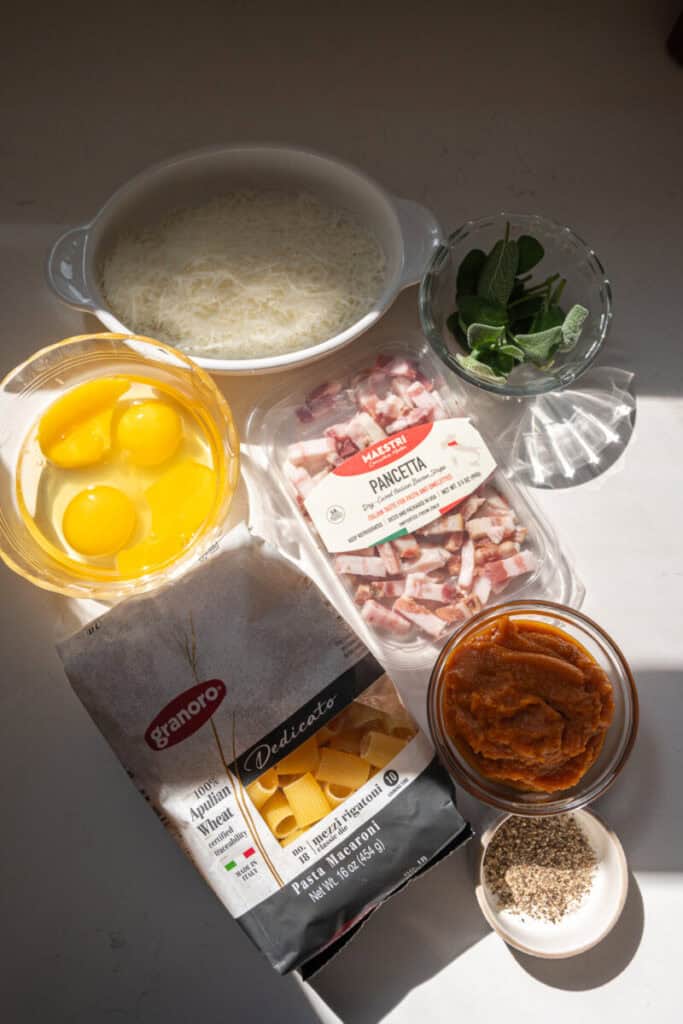 pumpkin pasta carbonara ingredients.
