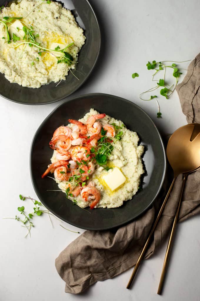 Mashed Cauliflower and Shrimp with micro greens