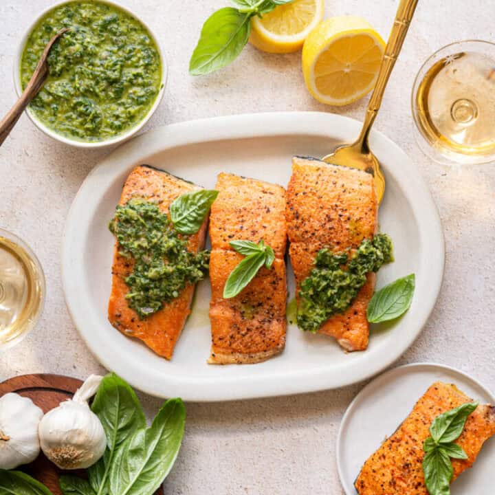pan seared salmon with chimichurri.
