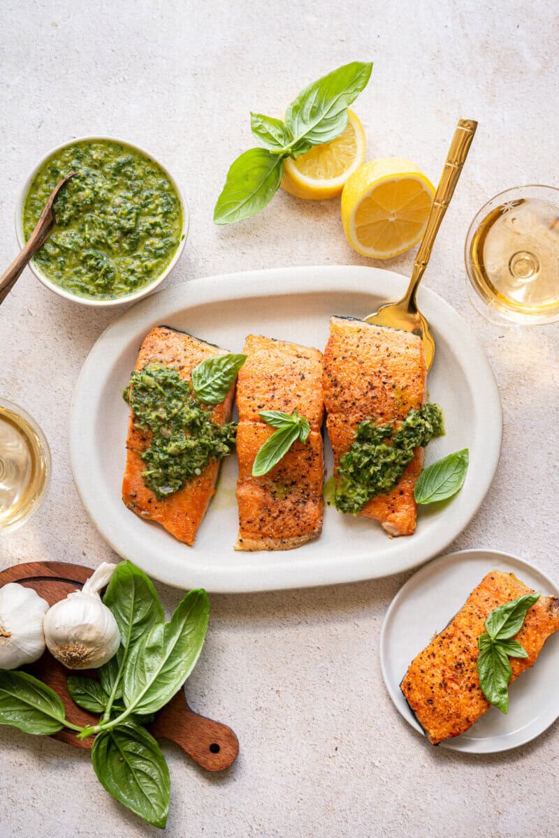 pan seared salmon with chimichurri.