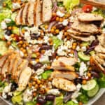 Greek chicken salad with crispy chickpeas.