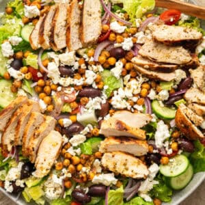 Greek chicken salad with crispy chickpeas.