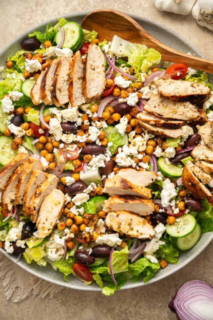 greek chicken salad with crispy chickpeas.