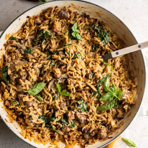 one pot sausage and spinach orzo.