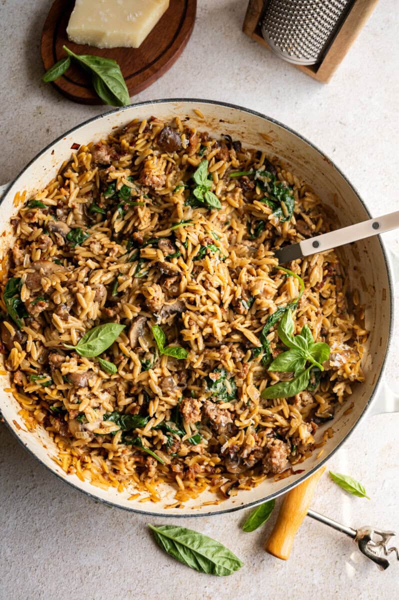 one pot sausage and spinach orzo.