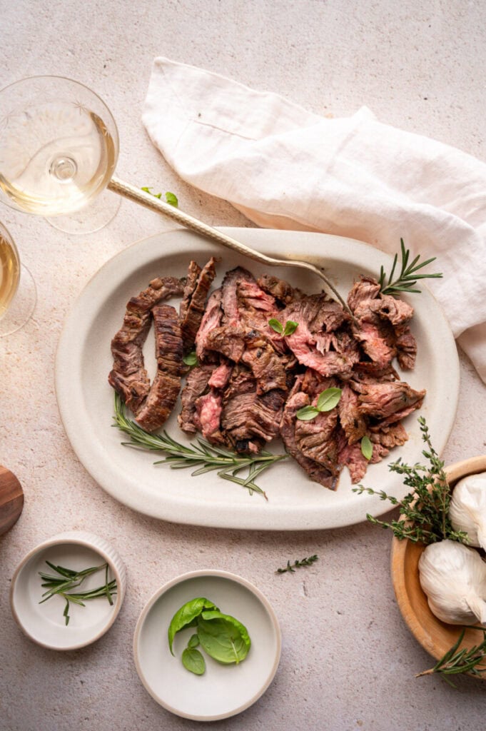 sliced marinated skirt steak.