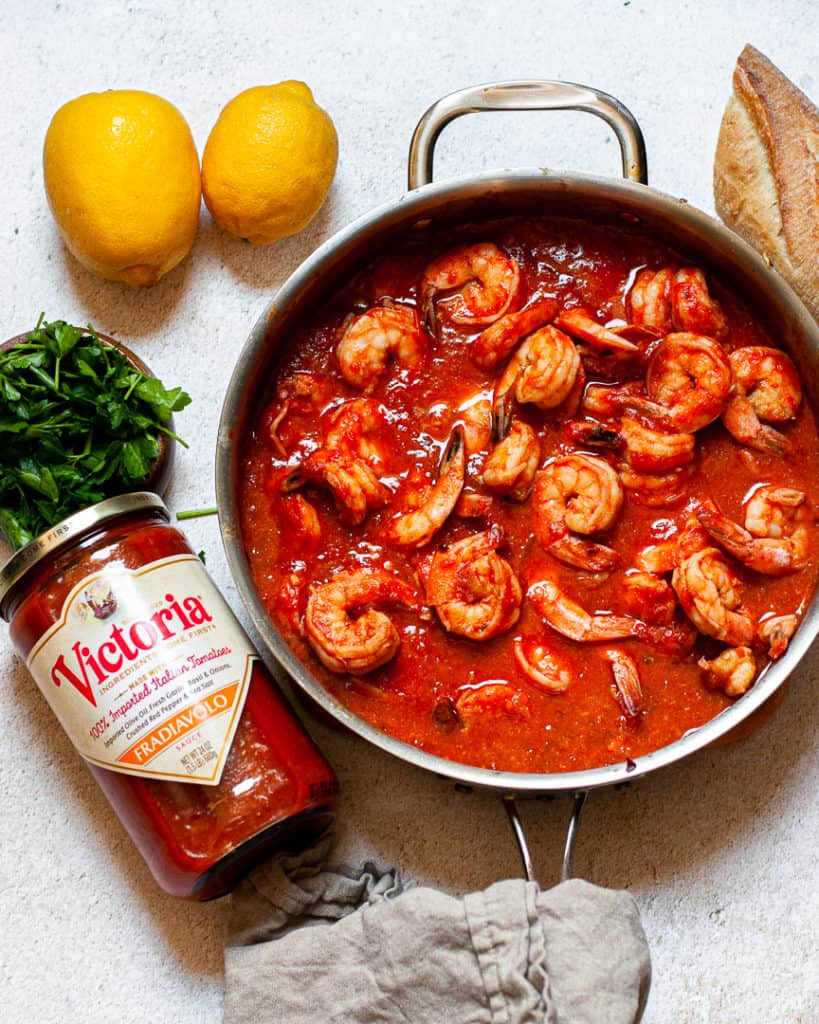 Shrimp in sauce in a pan