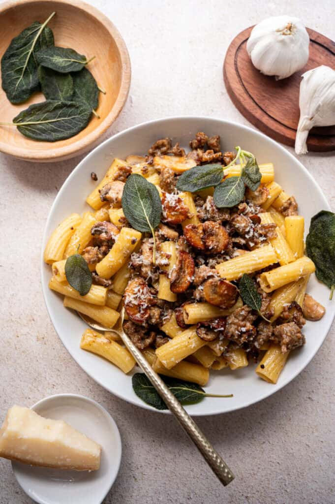 Sausage and Mushroom Rigatoni with Crispy Sage.