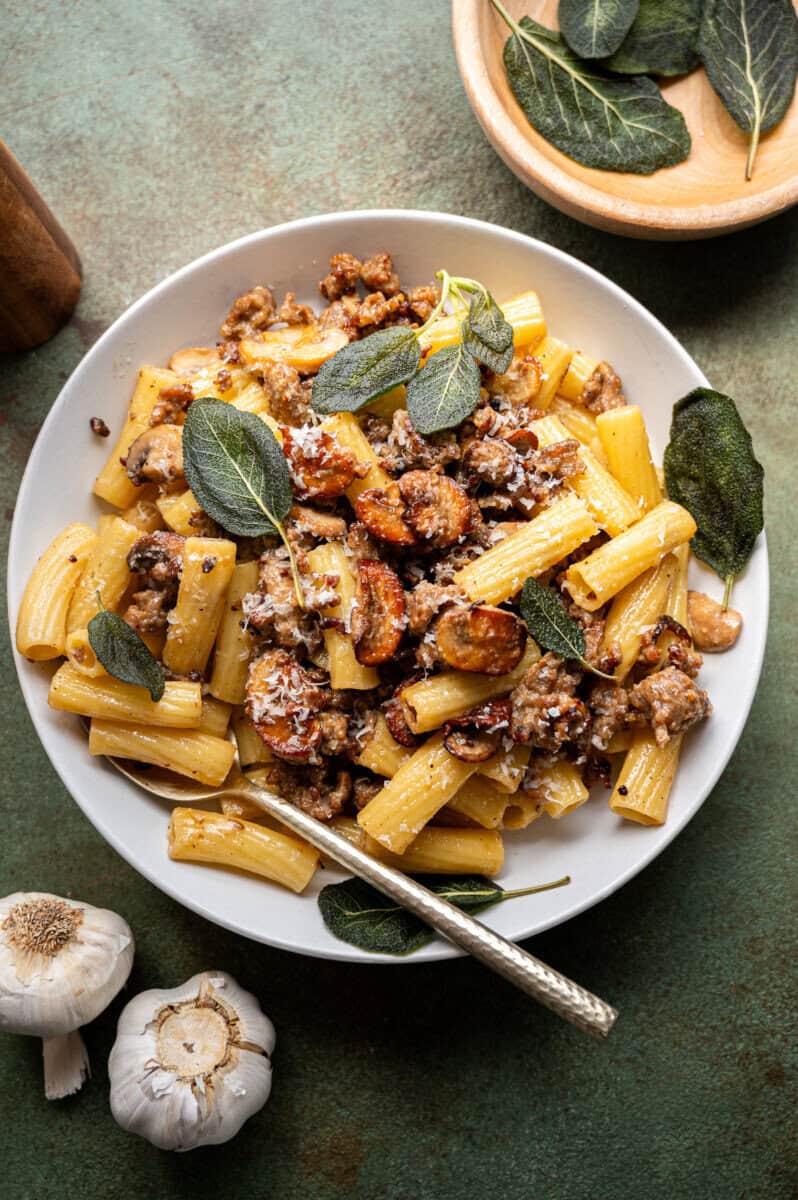 Sausage and Mushroom Rigatoni with Crispy Sage.