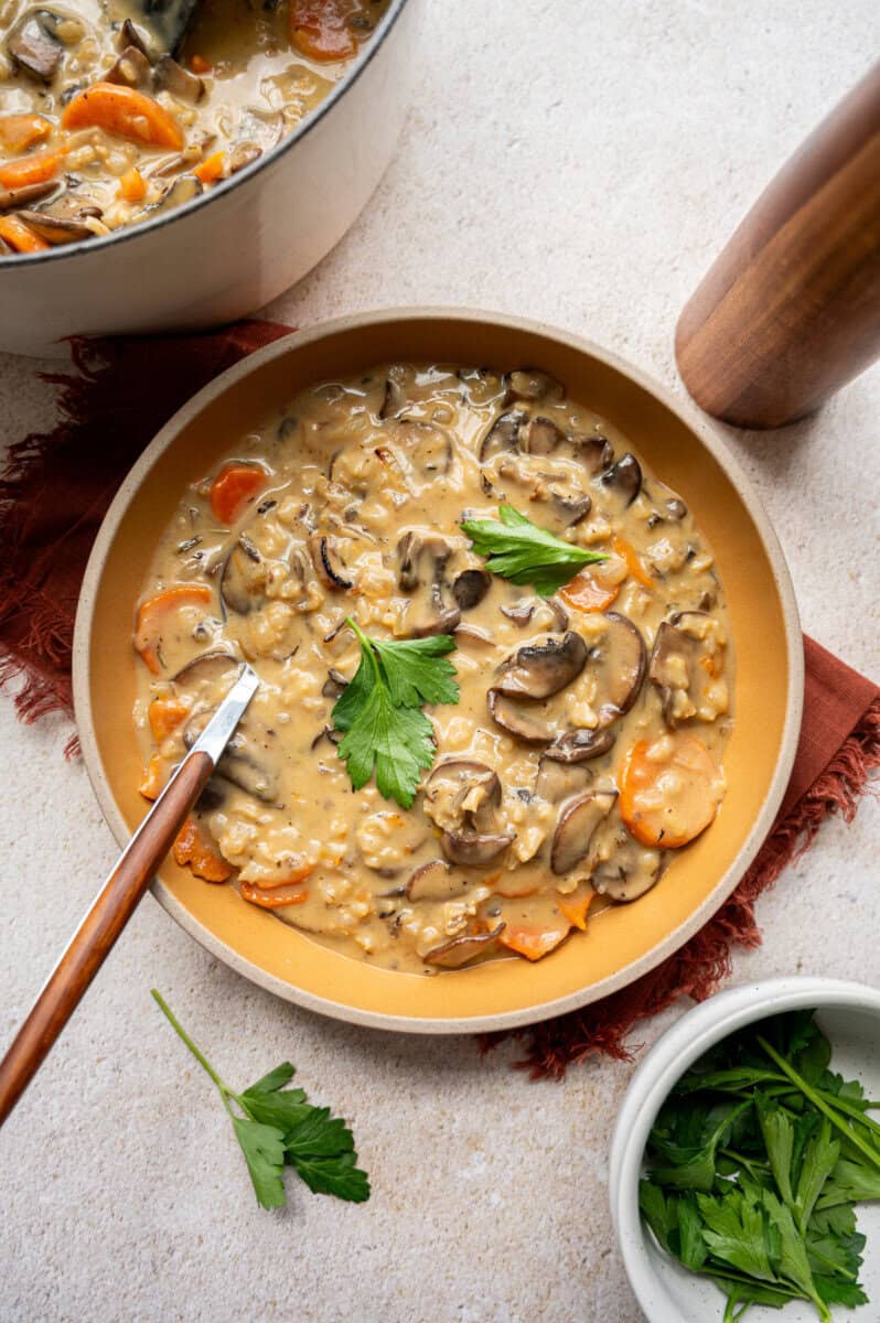 creamy wild rice mushroom soup in a bowl.