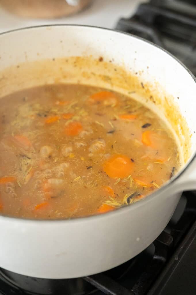 wild rice soup in a pot.