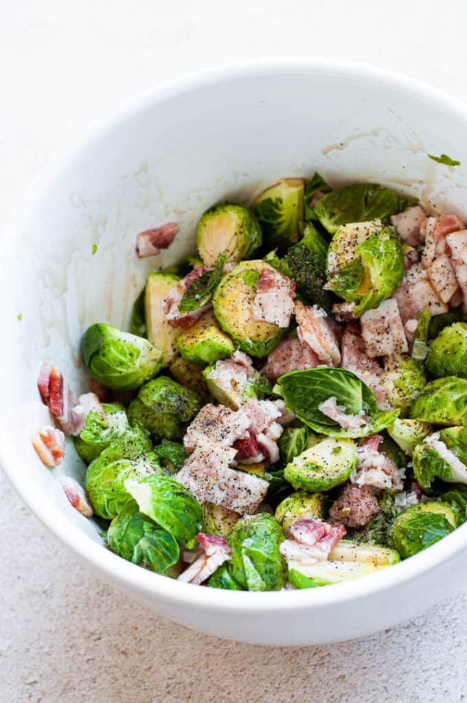 Brussels sprouts and bacon in a bowl