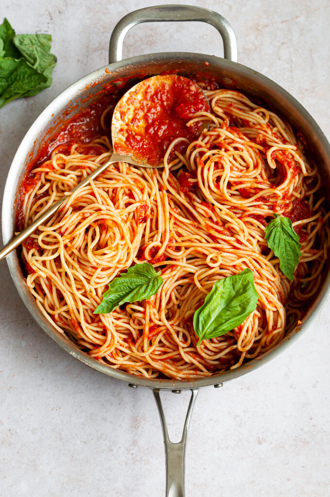 Spaghetti Arrabiata in a pan