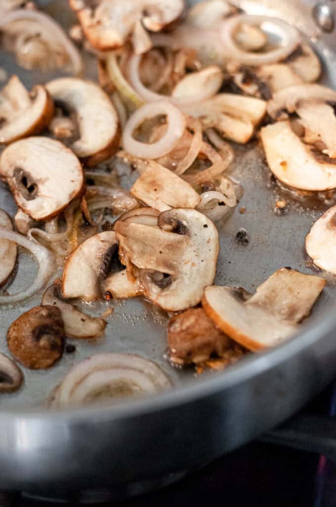 mushrooms in a skillet.