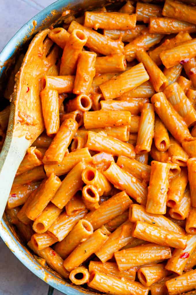 Carbone Spicy Rigatoni in a skillet