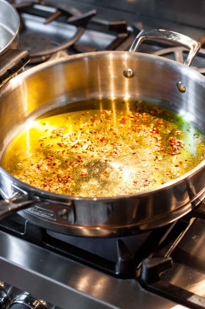 garlic, olive oil, and red pepper flakes in a pan