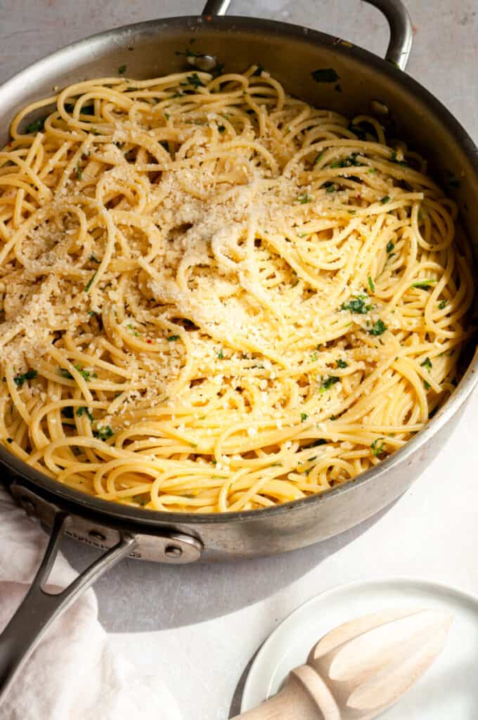 pasta with cheese in a skillet 