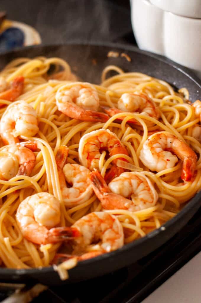 shrimp pasta in a pan