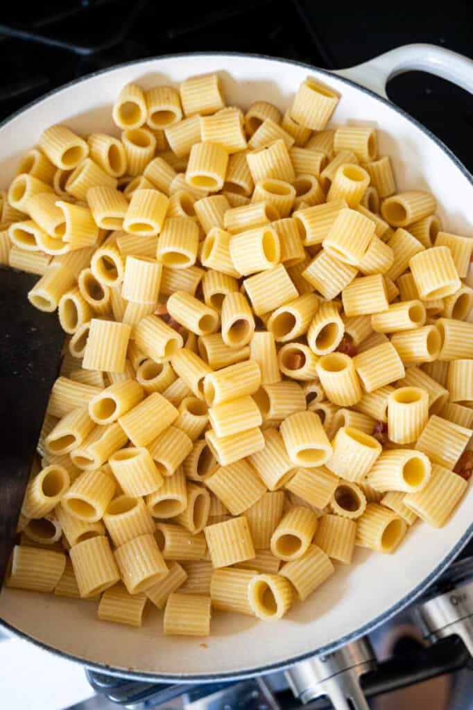 rigatoni pasta in a pan.