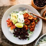 blackened shrimp bowls with rice, beans, avocado, and salsa