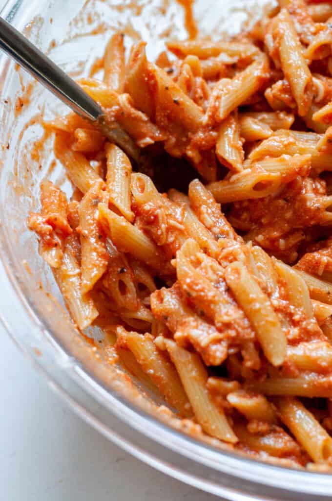 pasta with red sauce and cheese.
