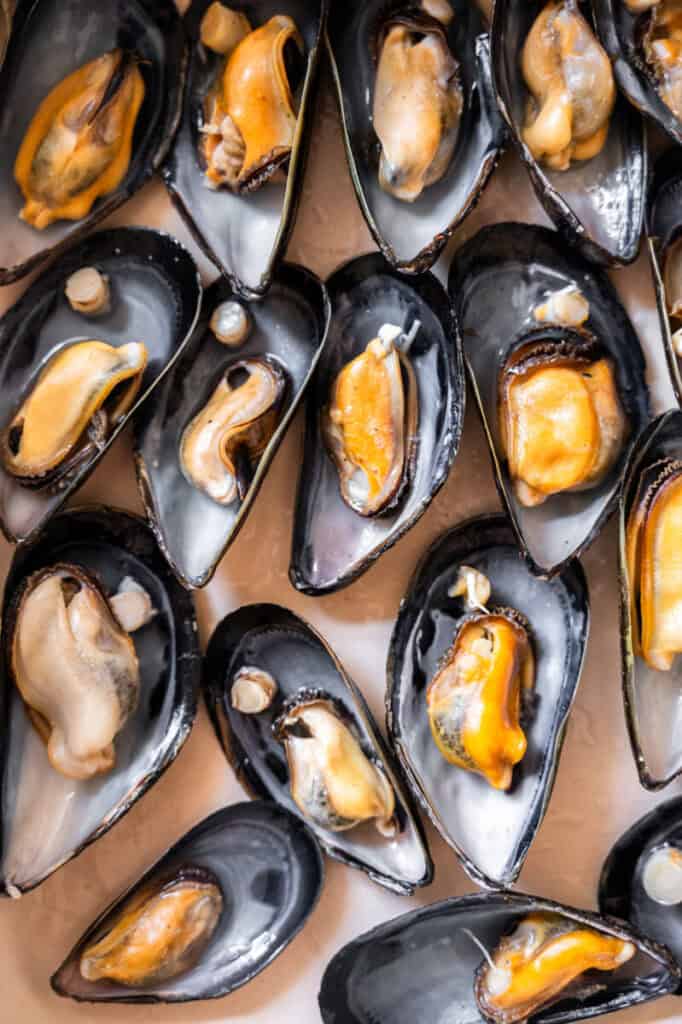 mussels in a pan.