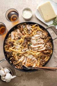chicken marsala fettuccine Alfredo in a large skillet.