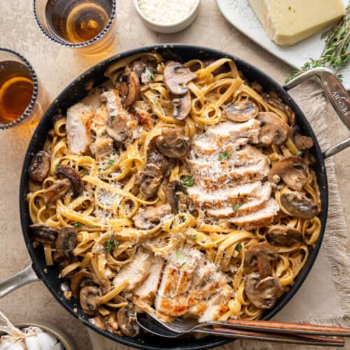 chicken marsala fettuccine Alfredo in a large skillet.