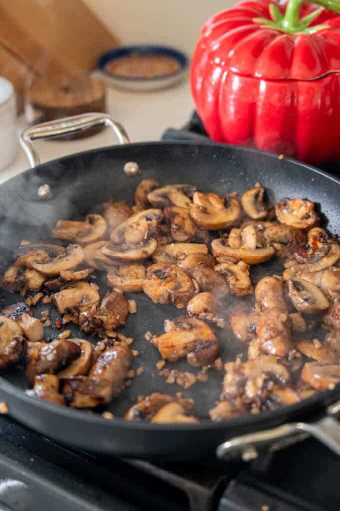 cooked mushrooms in a pan.
