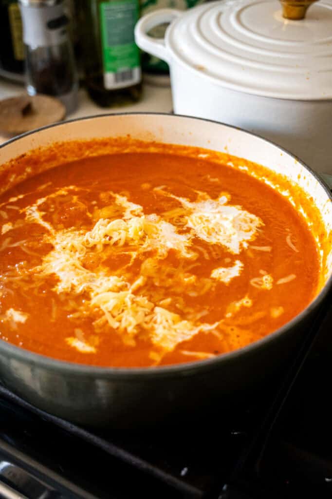 roasted red pepper soup with gouda and cream.