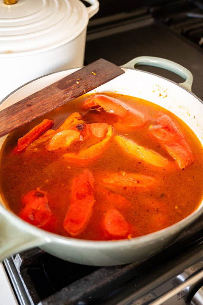 roasted red peppers in chicken stock.