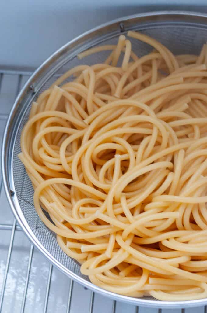 drained pasta in a sink.