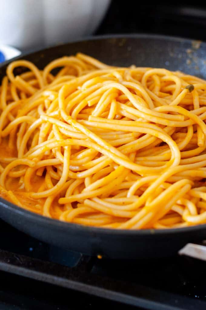 pasta tossed in brown butter pumpkin sauce.