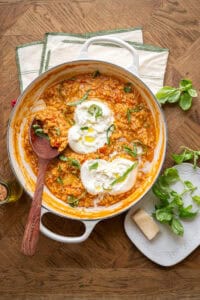 simple burrata risotto in a pan.