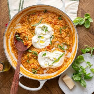 simple burrata risotto in a pan.