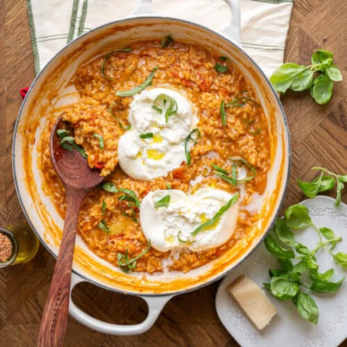 simple burrata risotto in a pan.