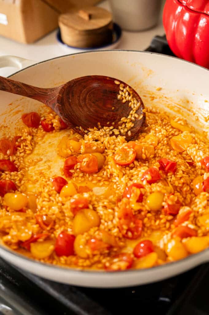tomatoes and arborio rice in a pan.