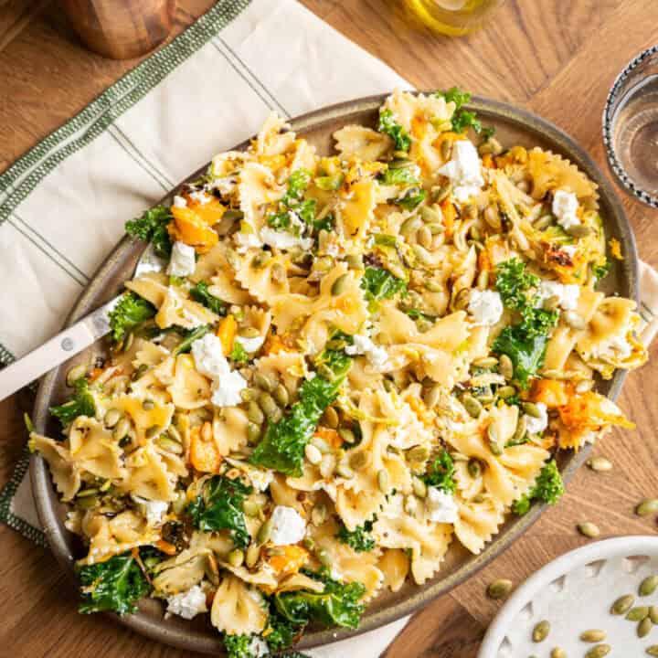 Fall pasta salad in a platter.