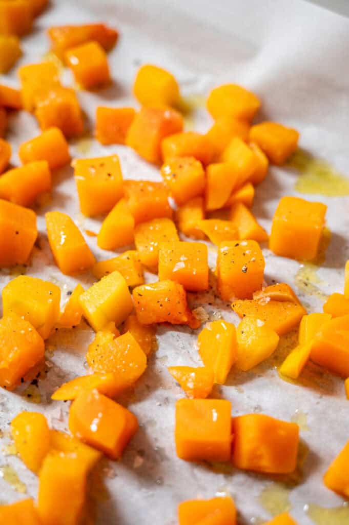 butternut squash on a pan.