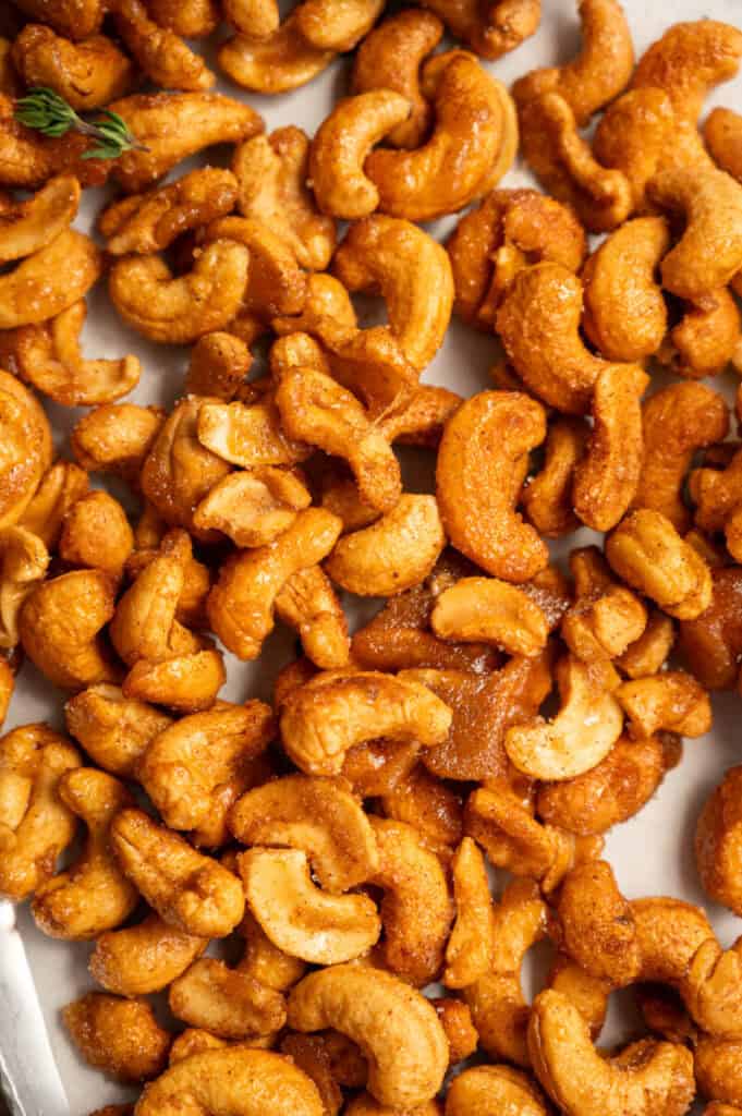 honey roasted cashews close up shot.