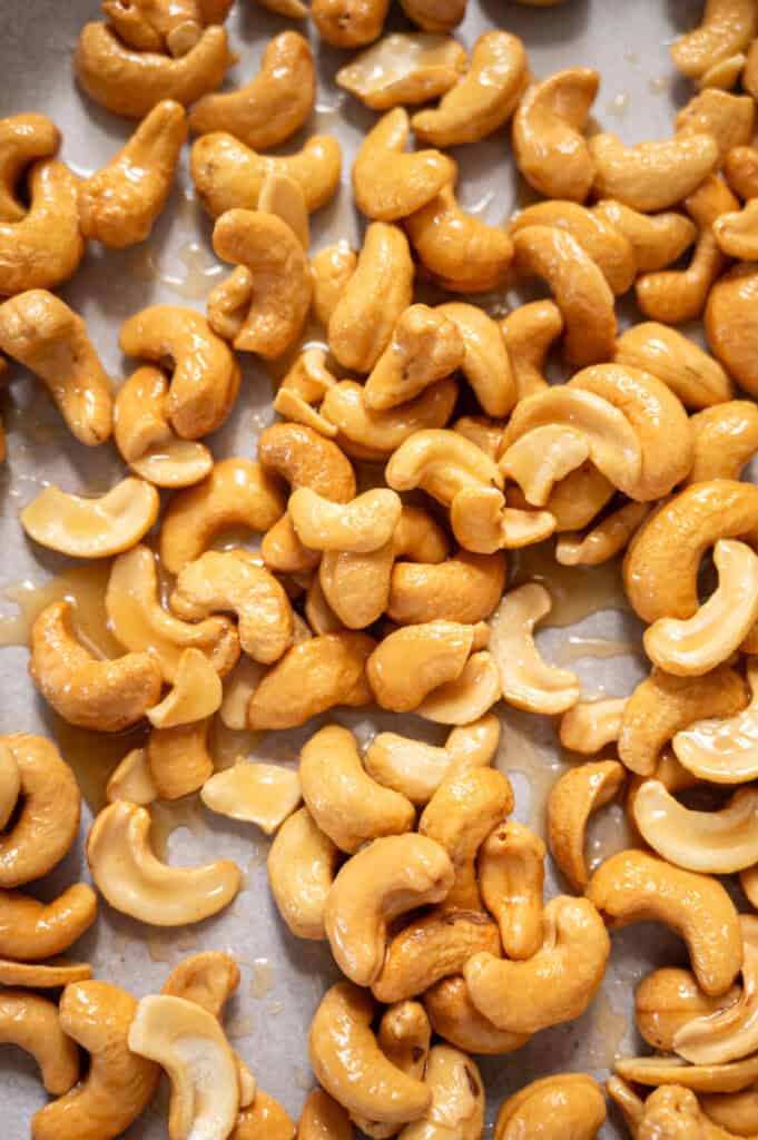 raw cashews on a tray.