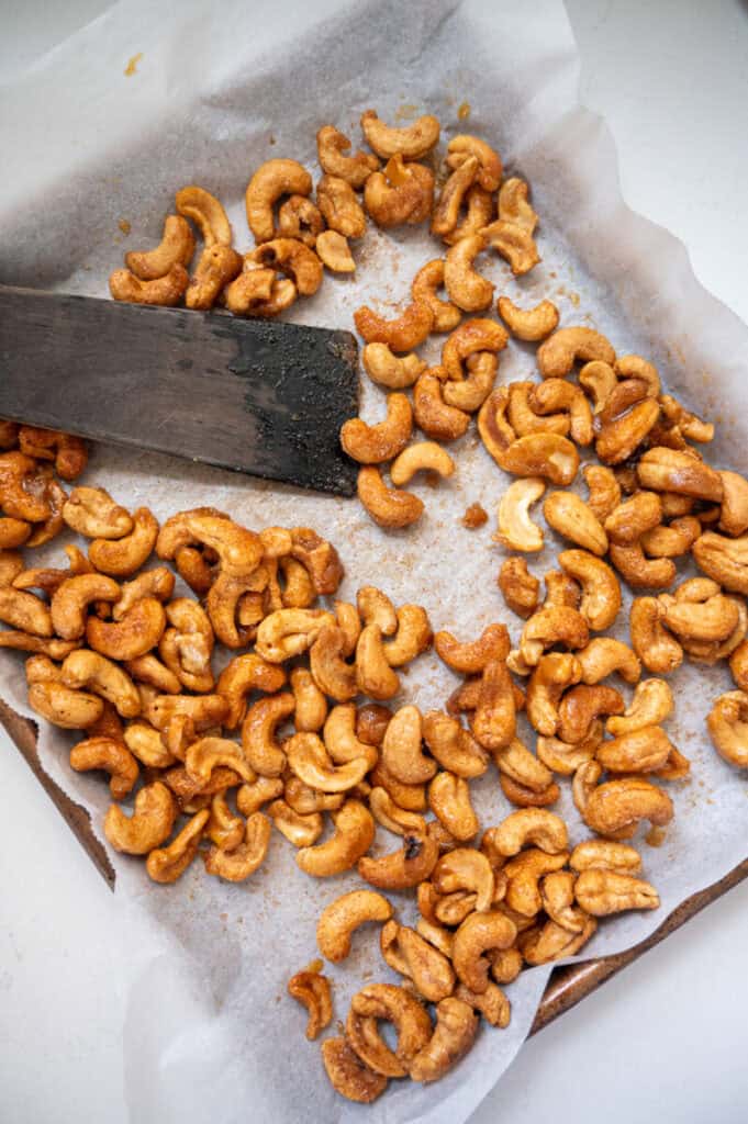 roasted cashews on a tray.