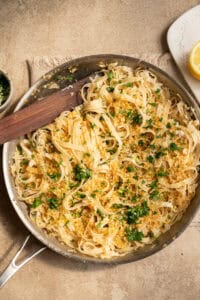 Lemon garlic pasta in a pan.