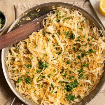 Lemon garlic pasta in a pan.