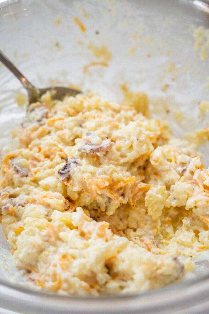 mashed potatoes with butter, cream cheese, and bacon.