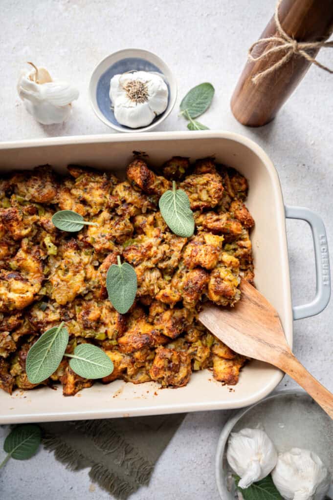 classic brioche stuffing in a white pan.